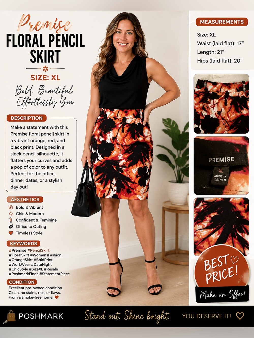 Premise Orange and Black Abstract Floral Pencil Skirt